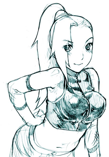 nekomata naomi, yamanaka ino, naruto (classic), naruto (series), 1girl, aqua theme, breasts, female focus, hair over one eye, hand on own hip, leaning forward, long hair, looking at viewer, medium breasts, midriff, monochrome, navel, ponytail, sketch, smile, solo