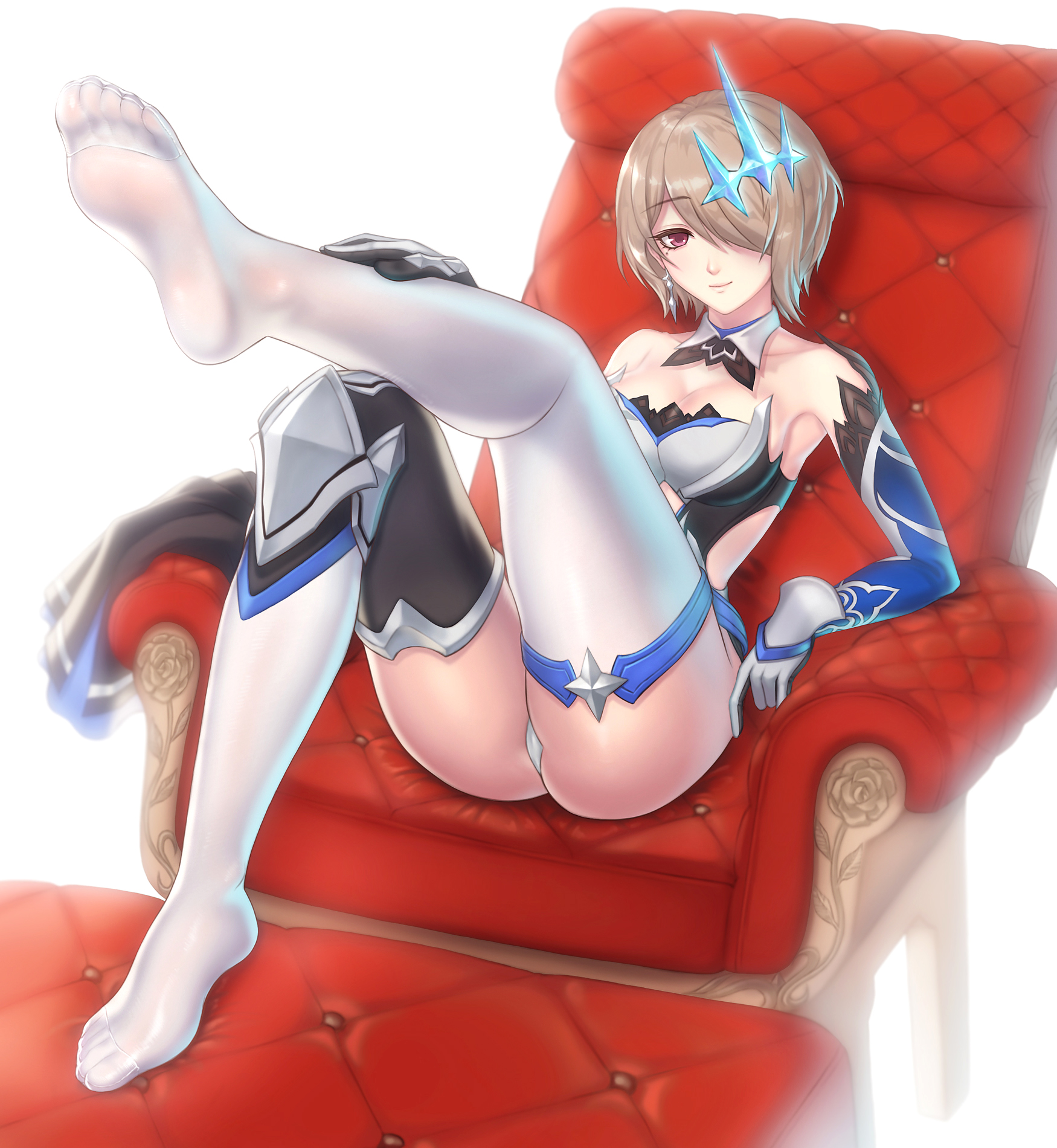 turna98, rita rossweisse, rita rossweisse (fallen rosemary), honkai (series), honkai impact 3rd, highres, 1girl, armor, armored dress, breasts, brown hair, chair, cleavage, closed mouth, dress, earrings, full body, hair over one eye, jewelry, medium breasts, no shoes, panties, purple eyes, short hair, simple background, sitting, soles, solo, thighhighs, toes, underwear, white background, white panties, white thighhighs