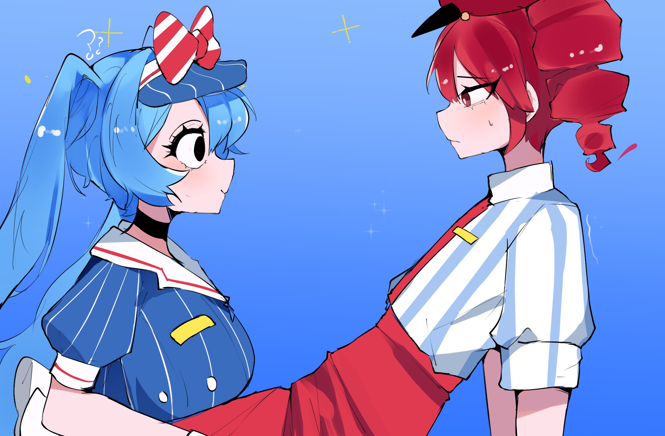 hoshoidk, hatsune miku, kasane teto, mesmerizer (vocaloid), utau, vocaloid, derivative work, highres, 2girls, aqua hair, black choker, black eyes, blue background, blue dress, blue hat, blush, bow, choker, collared shirt, dress, drill hair, gradient background, hat, hat bow, long hair, meme, multiple girls, necktie, pants, pinstripe dress, pinstripe hat, pinstripe pattern, profile, puffy short sleeves, puffy sleeves, red eyes, red hair, red hat, red necktie, red pants, shirt, shirt tucked in, short sleeves, sparkle, striped bow, striped clothes, striped shirt, sweatdrop, the tiktok incident (meme), twin drills, twintails, visor cap