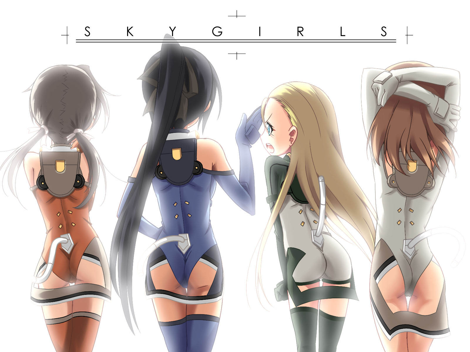 shinozuka atsuto, elise von dietrich, ichijou eika, sakurano otoha, sonomiya karen, sky girls, green legwear, orange legwear, pilot suit, highres, 00s, 4girls, ahoge, angry, arms behind head, arms up, ass, backlighting, bare shoulders, black hair, black thighhighs, blonde hair, blue eyes, blue gloves, blue hair, blue thighhighs, bodysuit, brown hair, clenched hand, copyright name, cowboy shot, crossed arms, elbow gloves, from behind, gloves, grey hair, hair ribbon, halterneck, hand on own hip, high ponytail, hip focus, leotard, lineup, long hair, looking at another, mecha pilot suit, motion slit, motionslit, multiple girls, ponytail, profile, red thighhighs, ribbon, short hair, simple background, tail, thigh gap, thighhighs, thighs, turtleneck, twintails, very long hair, white background, white gloves