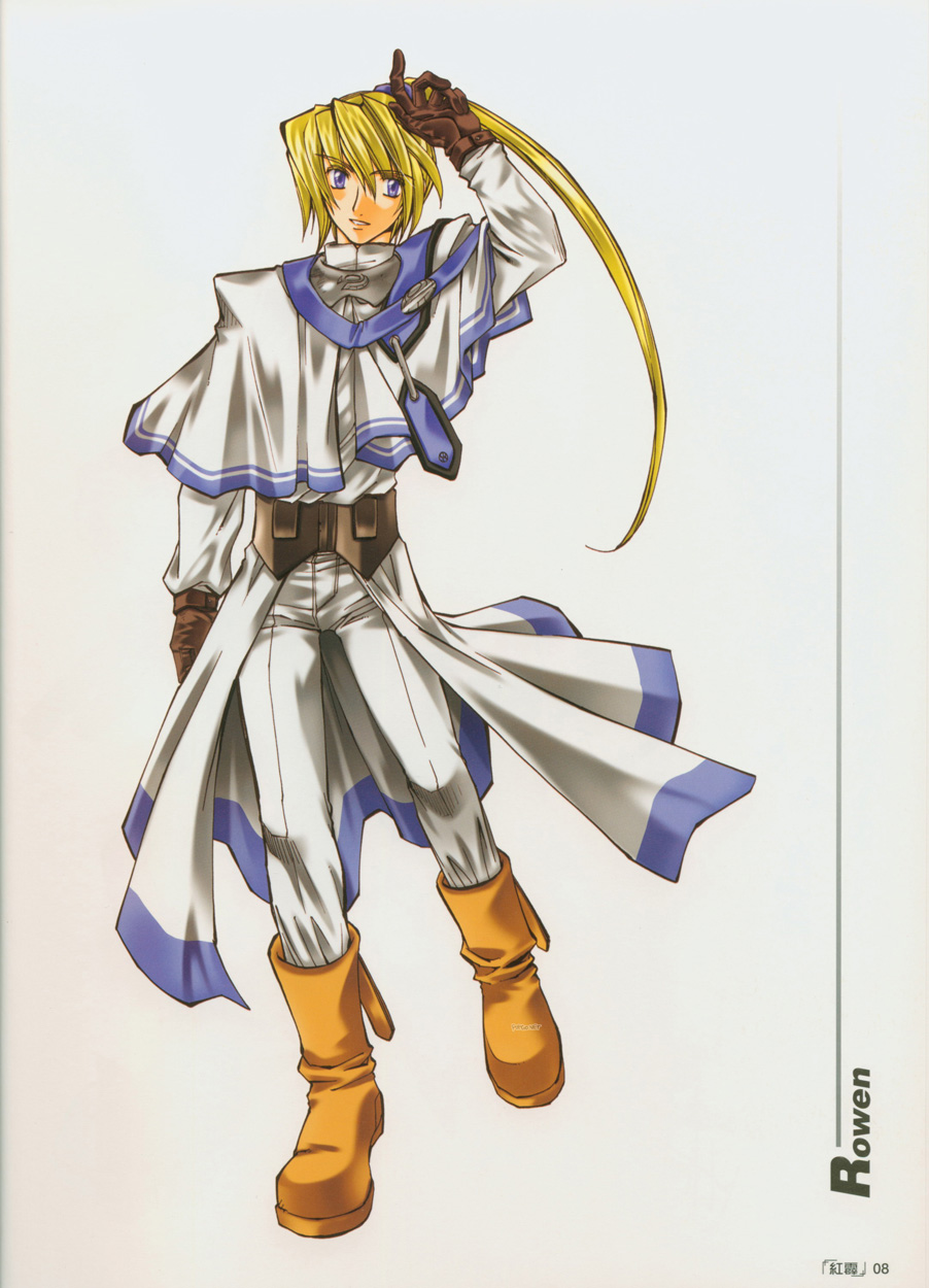 azuma mayumi, rowen, elemental gelade, highres, 00s, 1boy, belt, blonde hair, blue eyes, boots, buckle, capelet, full body, gloves, head tilt, knee boots, long hair, male focus, pants, ponytail, robe, side ponytail, simple background, smile, solo, standing, very long hair, white background, yellow eyes