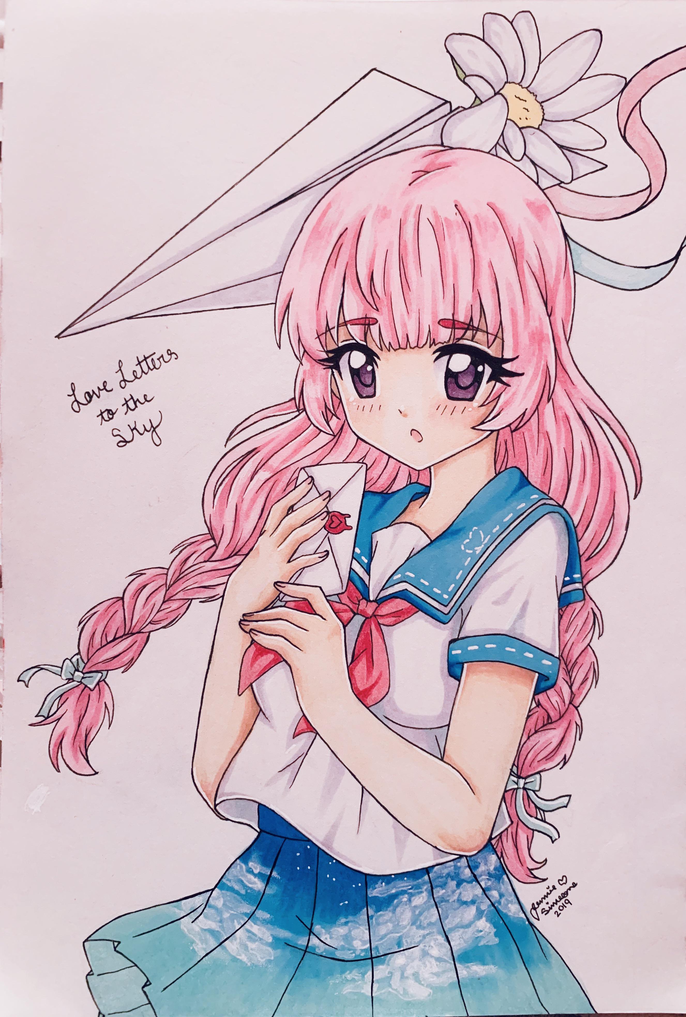 miracle nikki, nikki (series), absurdres, commentary, english commentary, highres, traditional media, 1girl, 2019, :o, bare arms, blue bow, blue sailor collar, blue skirt, bow, braid, breasts, brown eyes, character name, cowboy shot, daisy (flower), envelope, eyelashes, floating clothes, flower, hair bow, heart, high-waist skirt, holding, holding envelope, letter, loaf, long hair, looking ahead, love letter, love letters to the sky (miracle nikki), low twin braids, medium breasts, miniskirt, neckerchief, open mouth, paper airplane, pink hair, pleated skirt, red neckerchief, ribbon-trimmed collar, ribbon-trimmed sleeves, ribbon trim, sailor collar, school uniform, serafuku, shirt, short sleeves, signature, skirt, sky print, solo, standing, twin braids, very long hair, white flower, white shirt, wind, yamisaan
