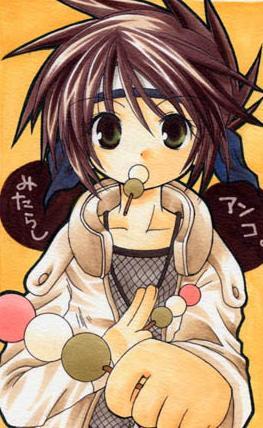 mitarashi anko, naruto (classic), naruto (series), artist request, lowres, 1girl, character name, dango, eating, female focus, food, looking at viewer, mouth hold, sanshoku dango, skewer, solo, upper body, wagashi