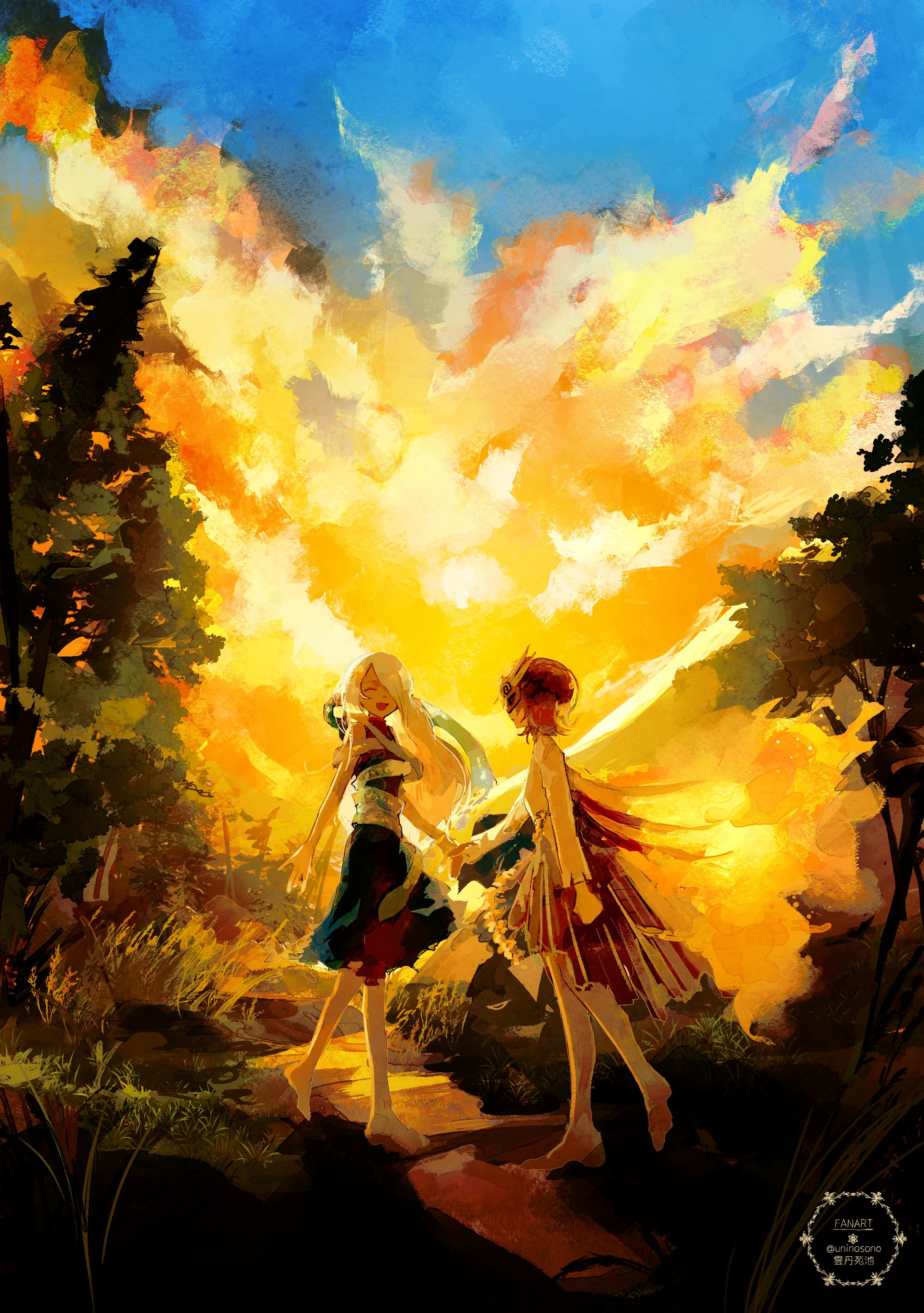 uninosono, iwanaga ariya, yuiman asama, fossilized wonders, touhou, absurdres, commentary, highres, 2girls, :d, ^ ^, closed eyes, dress, hair over one eye, long hair, looking at another, mask, multiple girls, open mouth, ribbon, ribbon around body, short hair, skirt, smile, snake, standing, torn clothes, torn dress, tree