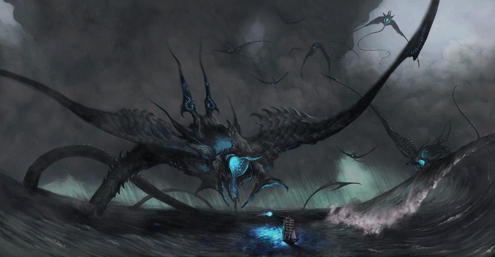 gunnerromantic, original, bad deviantart id, bad id, fantasy, glowing, monster, monster focus, no humans, ocean, rain, ship, storm, watercraft