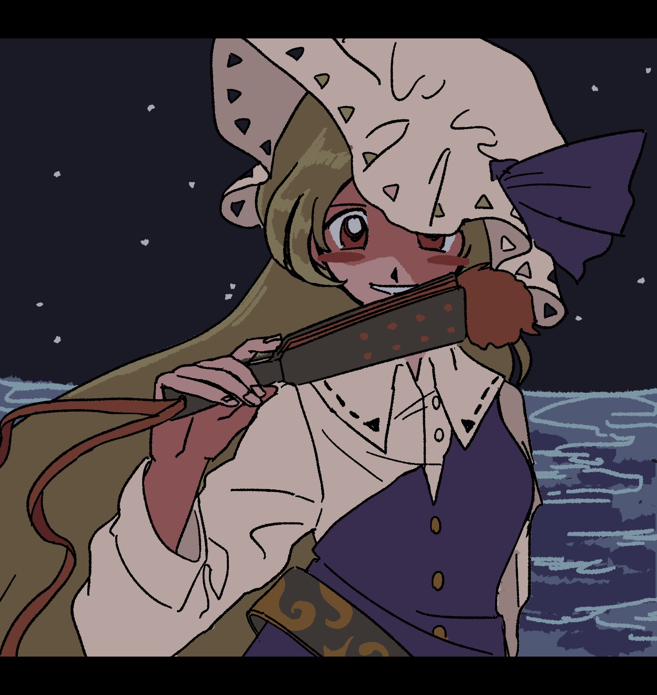 miera, watatsuki no toyohime, fossilized wonders, touhou, commentary, highres, 1girl, blonde hair, blush stickers, dress, folded fan, folding fan, grin, hand fan, hat, holding, holding fan, long hair, looking at viewer, purple dress, red eyes, sky, smile, solo, star (sky), starry sky, white hat