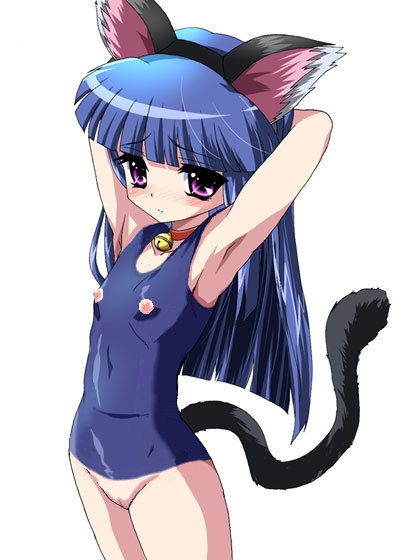 furude rika, higurashi no naku koro ni, 00s, 1girl, animal ears, cat ears, cat girl, female focus, nipples, pussy, simple background, solo, swimsuit, white background