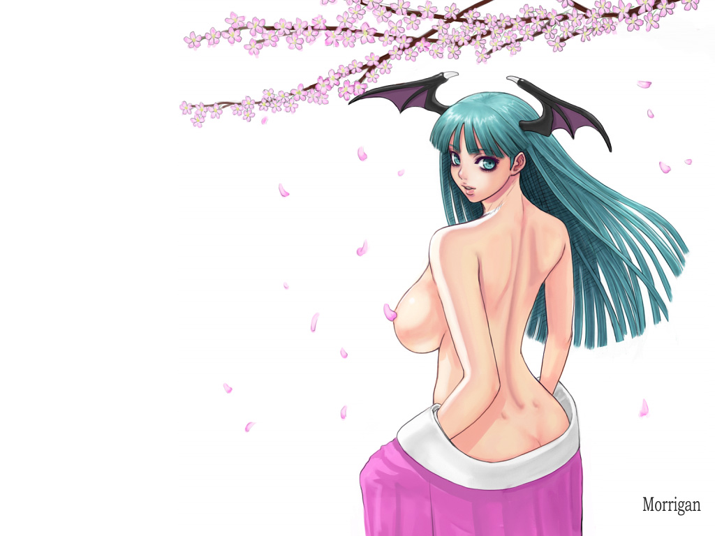 ark (morita hitomi), morrigan aensland, capcom, darkstalkers, 1girl, back, backboob, breasts, butt crack, censored, character name, cherry blossoms, convenient censoring, demon girl, dimples of venus, female focus, green eyes, green hair, head wings, japanese clothes, kimono, large breasts, lips, long hair, looking back, matching hair/eyes, petal censor, petals, solo, topless female, undressing, wind, wings