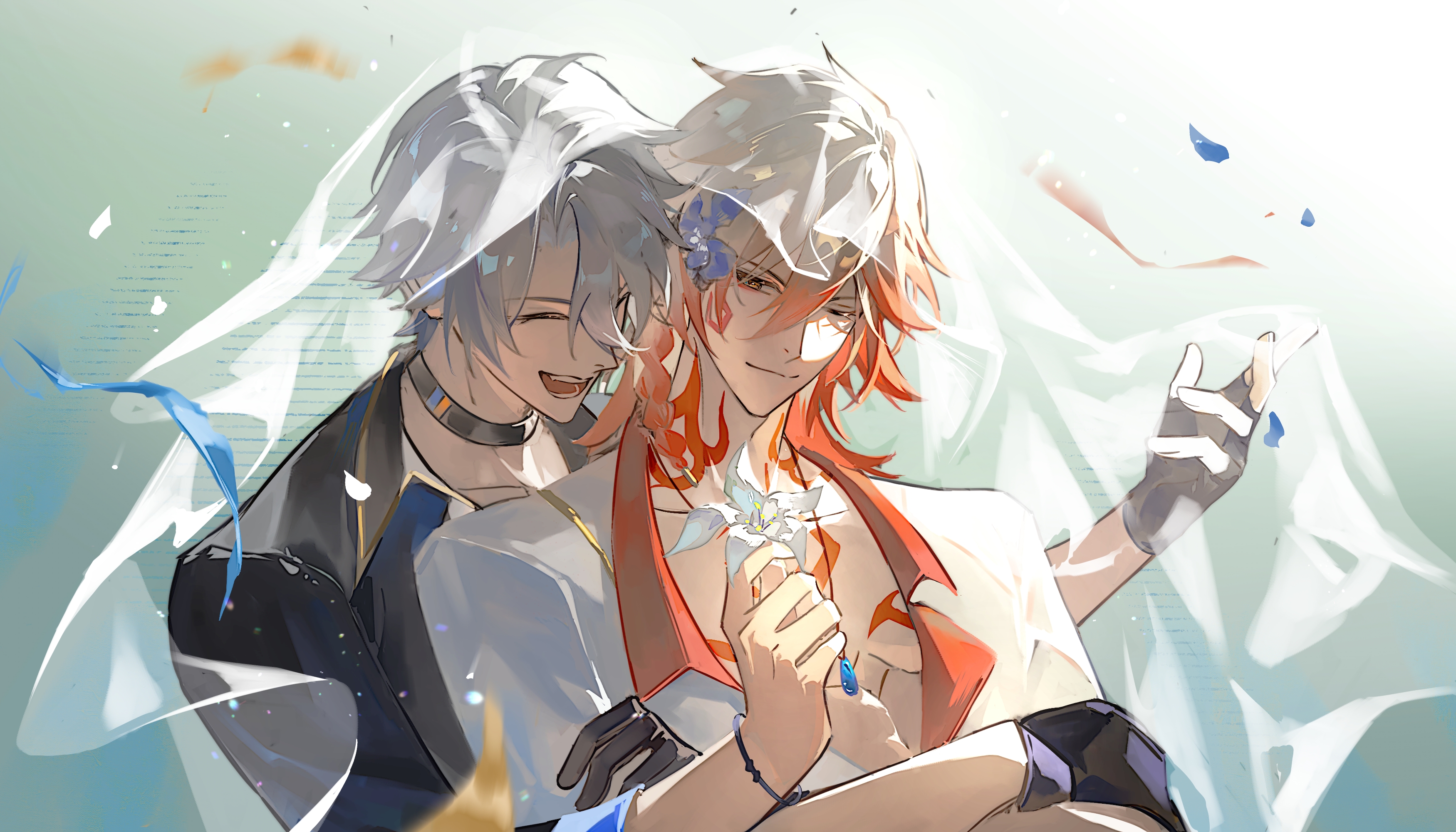mydei (honkai: star rail), phainon (honkai: star rail), honkai: star rail, honkai (series), absurdres, chinese commentary, commentary request, highres, 2boys, antenna hair, black choker, black gloves, black shirt, blonde hair, braid, chest tattoo, choker, closed eyes, crossed arms, facial tattoo, flower, gloves, gradient hair, hair between eyes, holding, holding flower, male focus, medium hair, multicolored hair, multiple boys, neck tattoo, parted bangs, pectoral cleavage, pectorals, red hair, red tattoo, see-through clothes, see-through veil, shirt, short hair, side braid, tattoo, veil, white flower, white hair, white shirt, white veil, yaliga, yaoi, yellow eyes
