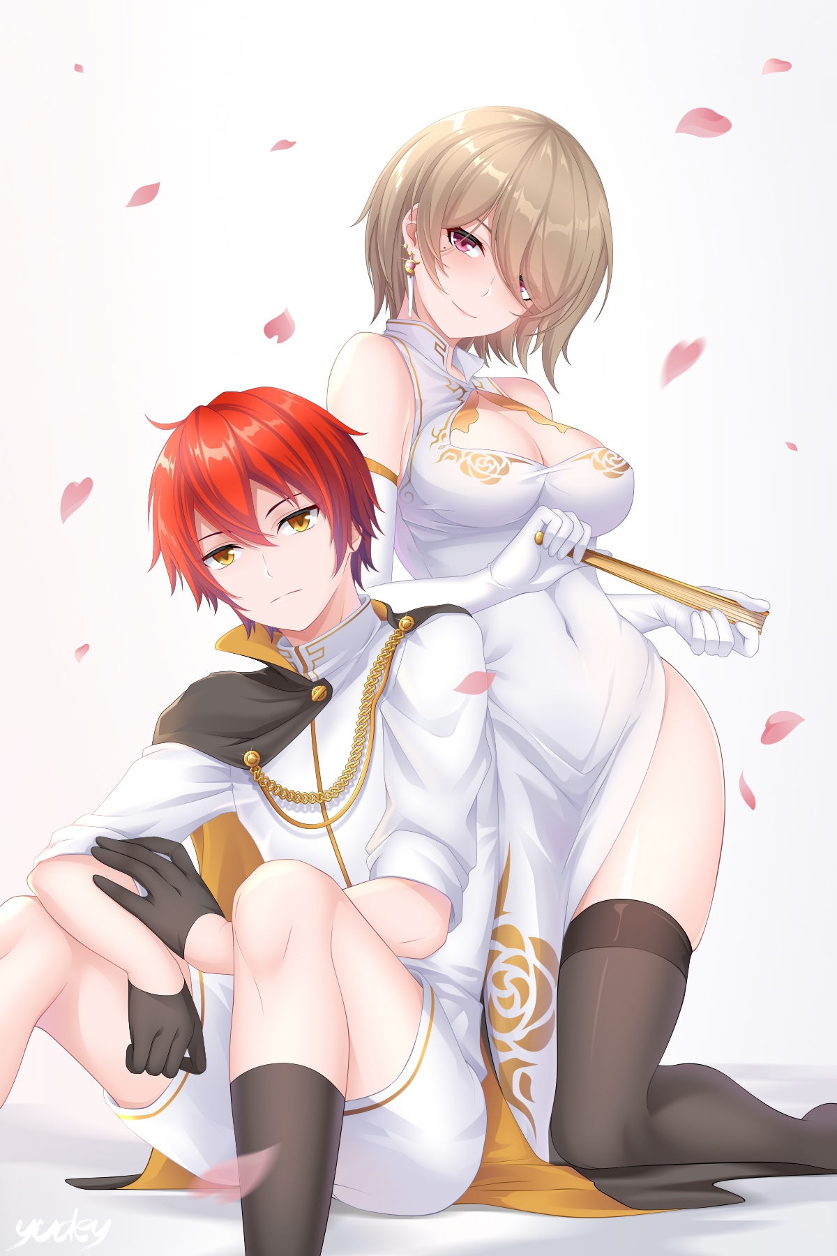 aramake, captain (honkai impact), rita rossweisse, honkai (series), honkai impact 3rd, highres, 1boy, 1girl, ahoge, black gloves, black thighhighs, breasts, brown hair, china dress, chinese clothes, cleavage, cleavage cutout, closed mouth, clothing cutout, dress, earrings, elbow gloves, folding fan, gloves, hand fan, holding, holding fan, jewelry, large breasts, looking at viewer, mole, mole under eye, petals, purple eyes, red hair, shirt, short hair, shorts, simple background, smile, thighhighs, white background, white dress, white gloves, white shirt, white shorts, yellow eyes