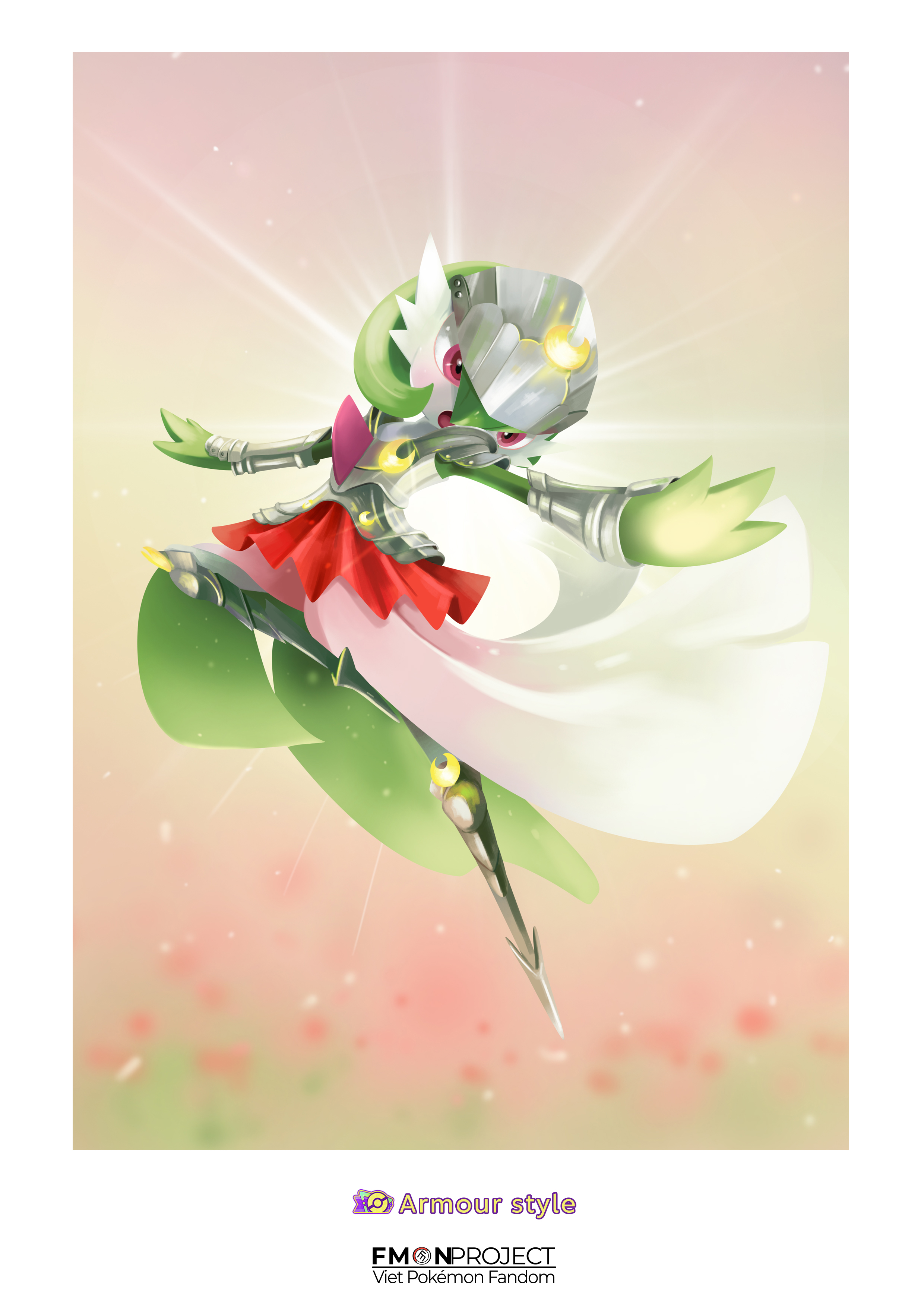blawn z, gardevoir, nintendo, pokemon, absurdres, highres, armor, breastplate, colored skin, dress, gen 3 pokemon, green skin, helmet, leg armor, light rays, multicolored skin, open mouth, pink eyes, pokemon (creature), two-tone skin, white dress, white skin