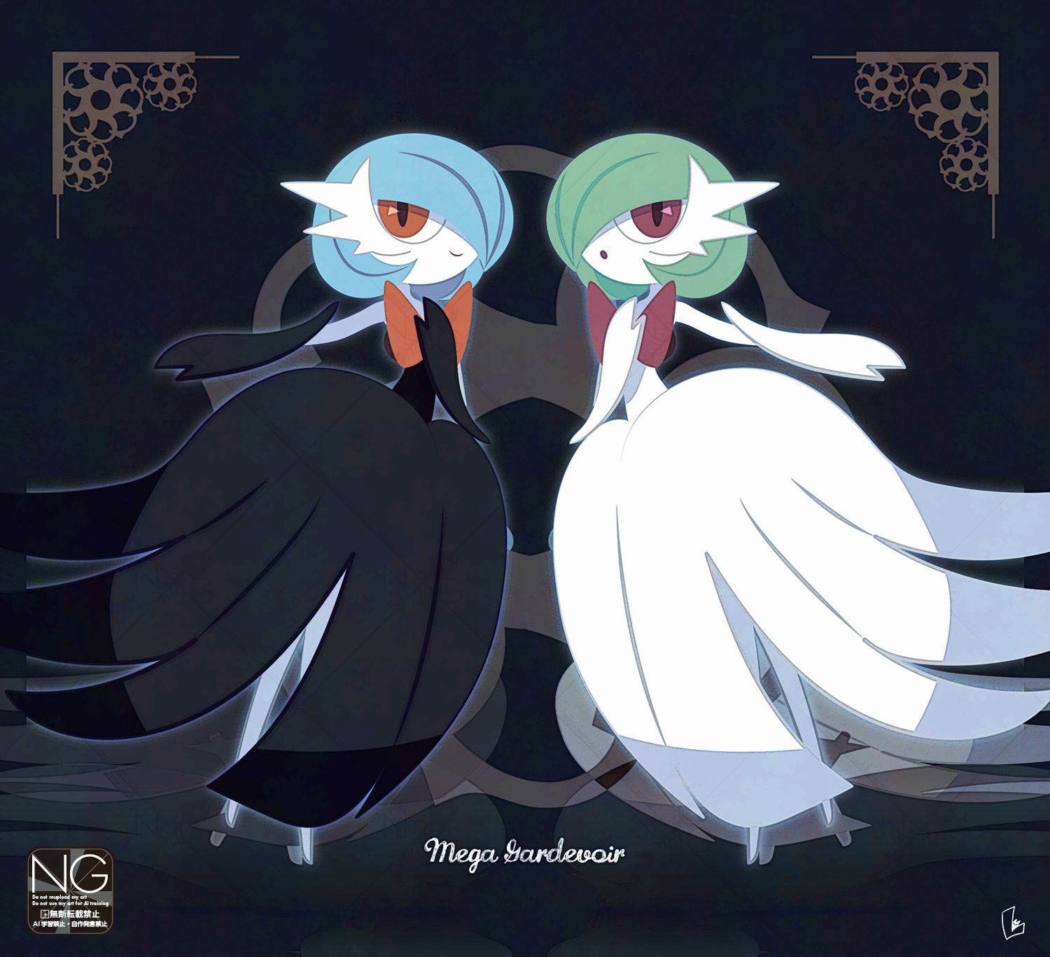 meme (artist), gardevoir, mega gardevoir, nintendo, pokemon, highres, alternate color, black dress, black gloves, blue hair, bob cut, character name, colored skin, dress, elbow gloves, gen 3 pokemon, gloves, green hair, hair over one eye, mega pokemon, orange eyes, pink eyes, pokemon (creature), shiny pokemon, signature, smile, white dress, white gloves, white skin