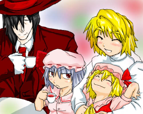 alucard (hellsing), arcueid brunestud, flandre scarlet, remilia scarlet, hellsing, touhou, tsukihime, lowres, 00s, 1boy, 3girls, gradient background, hat, multiple girls, upper body