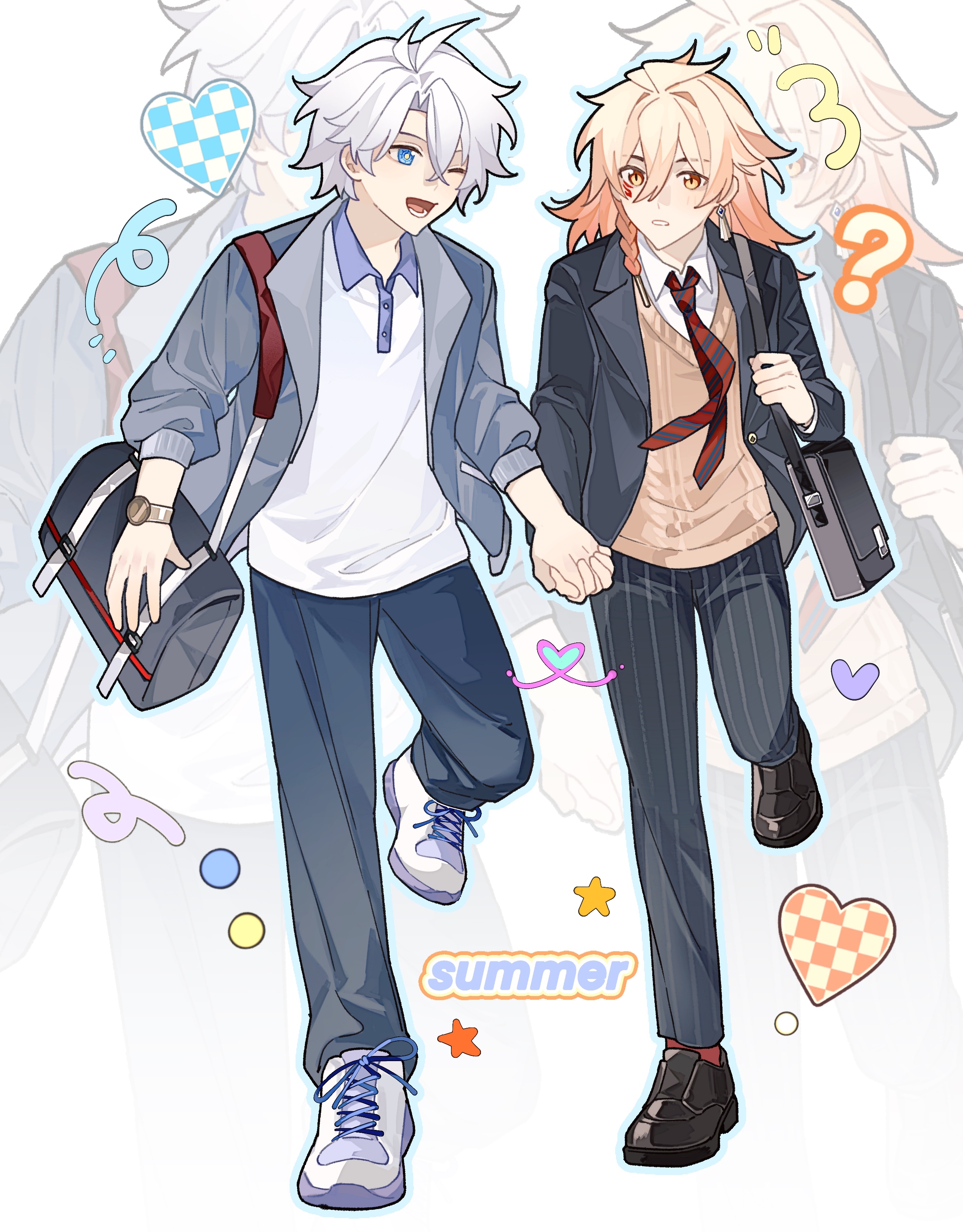 ruiz-tutu, mydei (honkai: star rail), phainon (honkai: star rail), honkai: star rail, honkai (series), absurdres, chinese commentary, commentary request, highres, 2boys, antenna hair, black bag, black jacket, black pants, black shoes, blonde hair, blue eyes, braid, brown vest, collared shirt, facial tattoo, gradient hair, grey jacket, hair between eyes, holding hands, jacket, male focus, medium hair, multicolored hair, multiple boys, necktie, one eye closed, open clothes, open jacket, pants, parted bangs, red hair, red necktie, red tattoo, running, shirt, shoes, short hair, side braid, tattoo, vest, watch, white hair, white shirt, wristwatch, yellow eyes