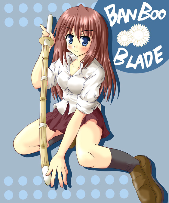 hiiragi tomoka, kuwahara sayako, bamboo blade, 00s, blue eyes, blush, flower, loafers, open collar, red hair, school uniform, serafuku, shadow, shinai, shoes, skirt, sleeves rolled up, socks, solo, sword, weapon