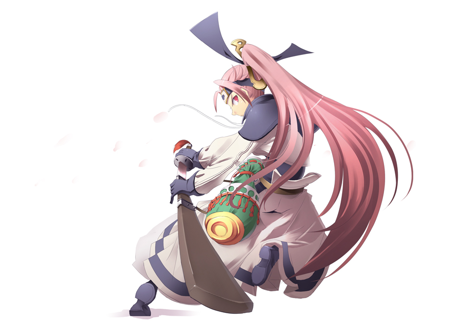 satomi (black scarecrow), asuka (fuurai no shiren), fuurai no shiren, 1girl, female focus, gloves, hakama, hakama skirt, japanese clothes, long hair, looking back, pink eyes, pink hair, ponytail, skirt, smile, solo, white background