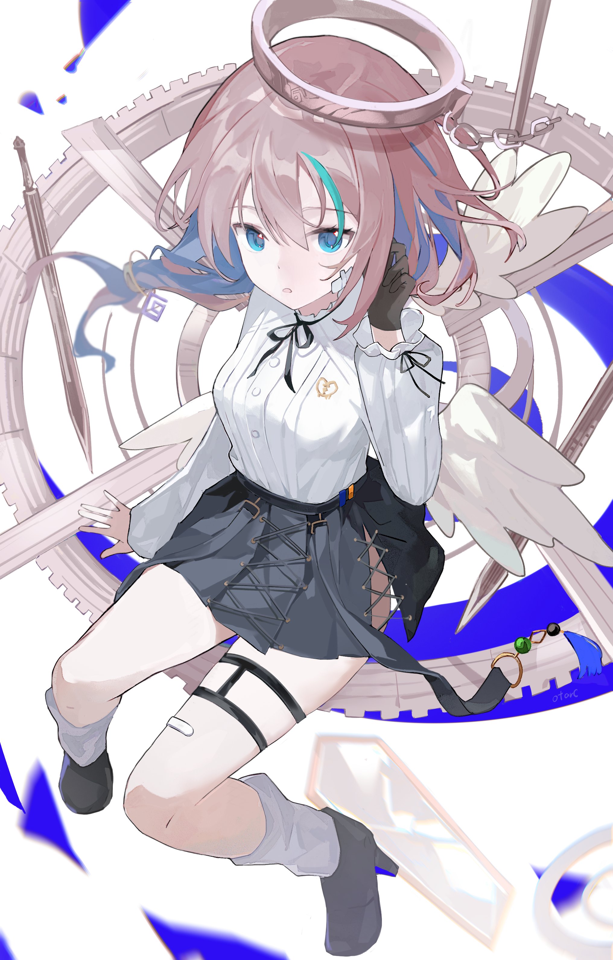 otarc, arcaea, absurdres, highres, 1girl, angel wings, ass cutout, bandage on face, bandages, bandaid, bandaid on face, belt, black belt, black boots, black gloves, black ribbon, black skirt, blue eyes, blue hair, boots, breasts, clothing cutout, compassion (arcaea), cross, detached wings, gloves, gold halo, grey hair, high heels, long sleeves, loose socks, medium breasts, multicolored hair, ribbon, shirt, short hair, skirt, socks, solo, streaked hair, thigh strap, white shirt, white socks, white wings, wings