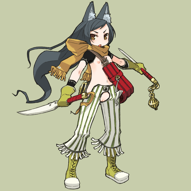 mota, original, 1girl, animal ears, cleft of venus, clothes lift, crotchless, crotchless pants, female focus, flat chest, fox ears, gloves, loli, nipples, no panties, pants, pussy, revealing clothes, scarf, shirt lift, shoes, solo, standing, sword, weapon