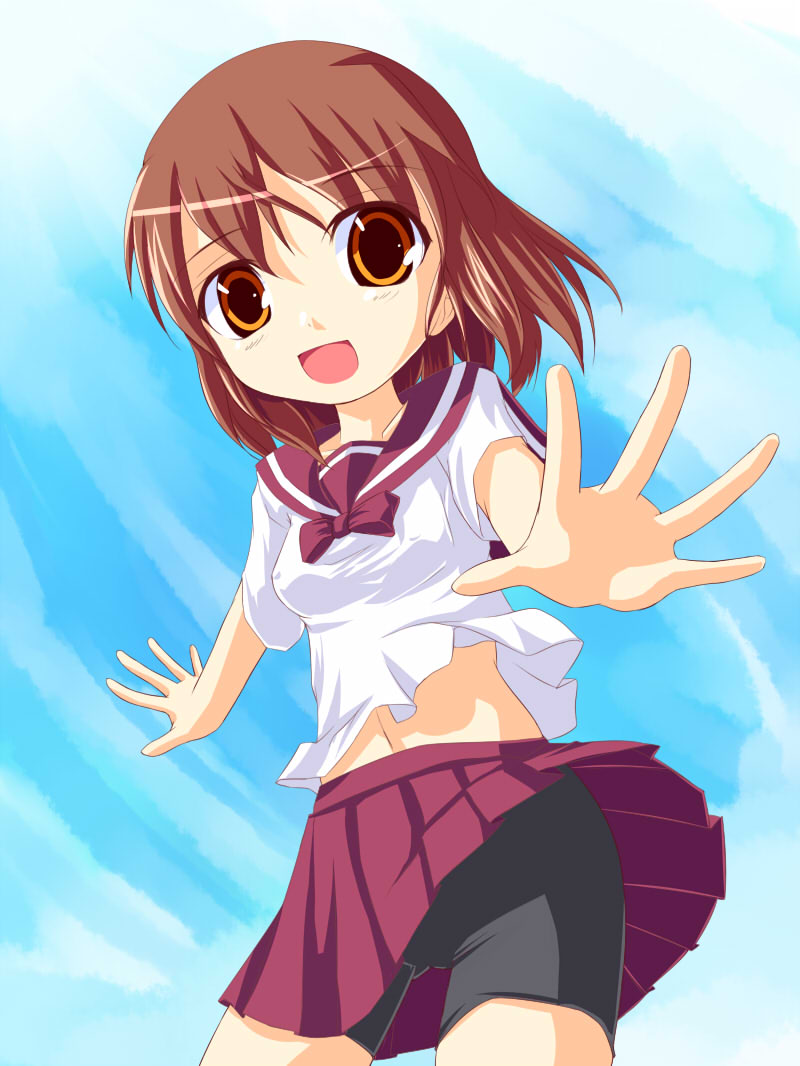 kuro (be ok), original, 1girl, :d, bad anatomy, bad proportions, bike shorts, bike shorts under skirt, brown eyes, brown hair, female focus, looking at viewer, open mouth, pleated skirt, poorly drawn, red skirt, school uniform, serafuku, shirt, short hair, short sleeves, shorts, shorts under skirt, skirt, smile, solo, upskirt, white shirt