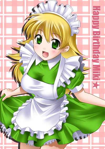 itsuki sayaka, hoshii miki, idolmaster, idolmaster (classic), idolmaster 1, maid fairy tale, 00s, 1girl, :d, alternate costume, apron, blonde hair, breasts, dress, enmaided, female focus, green dress, green eyes, large breasts, long hair, looking at viewer, maid, maid apron, maid headdress, open mouth, smile, solo
