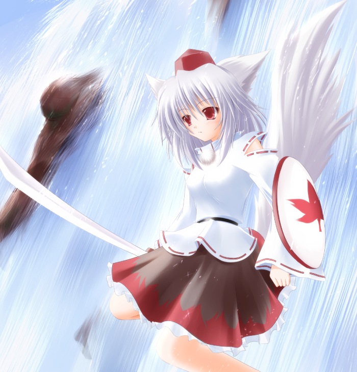 shirotsuki kouta, inubashiri momiji, touhou, silver hair, 1girl, animal ears, female focus, hat, skirt, solo, sword, tail, tokin hat, water, waterfall, weapon
