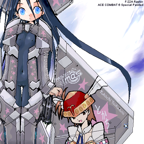 yone88, yonezuka ryou, f-22, futami ami, kisaragi chihaya, ace combat, idolmaster, idolmaster (classic), idolmaster 1, jet, lowres, 00s, 2girls, aircraft, airplane, blue eyes, blue hair, breasts, brown eyes, brown hair, company connection, cosmic & funny (idolmaster), itasha, long hair, looking at viewer, mecha musume, military, multiple girls, oekaki, small breasts, smile, very long hair