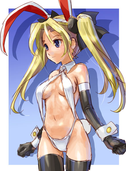 katahira masashi, original, 1girl, animal ears, black thighhighs, blonde hair, blue eyes, bow, cowboy shot, elbow gloves, female focus, gloves, hair bow, light smile, long hair, navel, one-piece swimsuit, playboy bunny swimsuit, rabbit ears, rabbit girl, slingshot swimsuit, solo, swimsuit, thighhighs, twintails, white one-piece swimsuit, white slingshot swimsuit, wrist cuffs