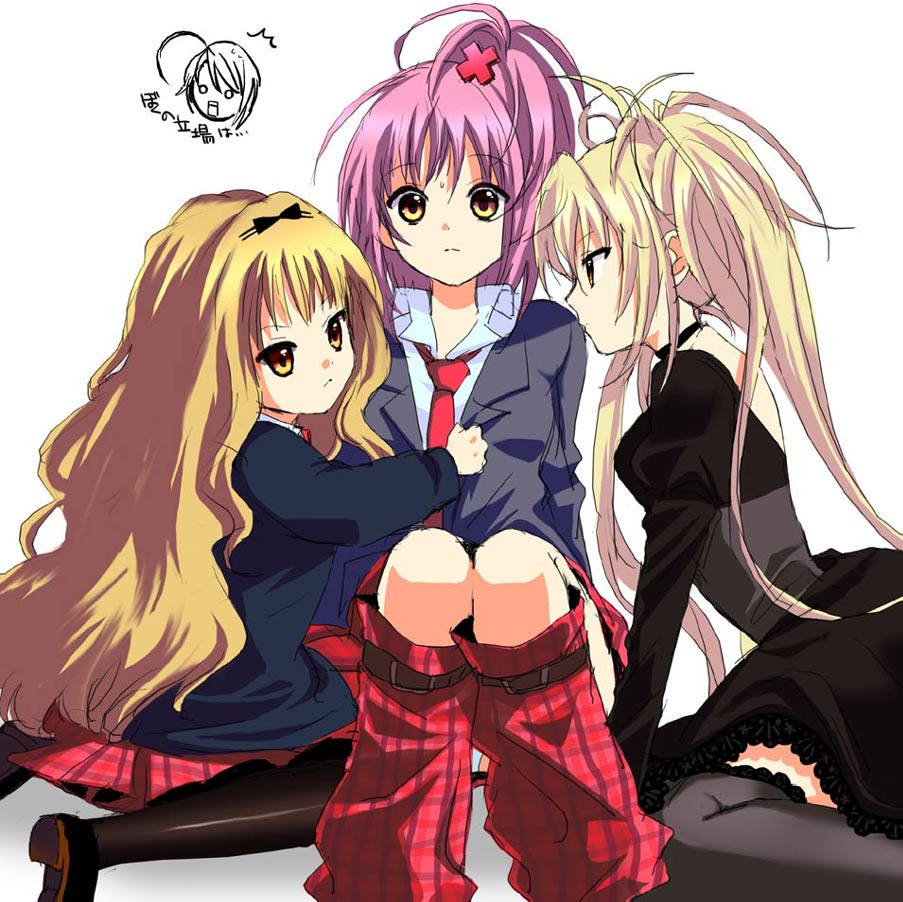 ayanashi kunio, eiko, kanimayo, hinamori amu, hoshina utau, mashiro rima, yuiki yaya, shugo chara!, 3girls, blonde hair, bow, choker, dress, hair ornament, leg warmers, multiple girls, necktie, pantyhose, pink hair, school uniform, serafuku, short hair, skirt, thighhighs, twintails, yellow eyes