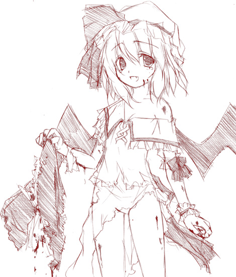 yumesato makura, remilia scarlet, touhou, 1girl, blood, female focus, flat chest, hat, monochrome, red theme, sketch, solo, torn clothes, wings