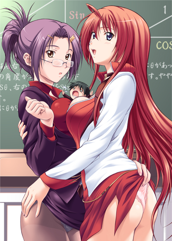 mizuki haruto, juujou kaname, kurosaki shigure, tomiya natsuki, double teacher life, arm grab, grey legwear, 1boy, 2girls, :d, :o, age difference, ahoge, ass, assisted exposure, belly chain, belt, between breasts, black hair, blazer, blue eyes, blush, breast press, breasts, brown eyes, chalkboard, chibi, classroom, clenched hand, clothes lift, collar, cowboy shot, embarrassed, formal clothes, from side, glasses, hair between eyes, hair ornament, hairclip, hand on another's hip, happy, high collar, high ponytail, highleg, highleg panties, hug, indoors, jacket, jewelry, lace, lace-trimmed panties, lace trim, large breasts, lifting another's clothes, long hair, long sleeves, mini person, miniboy, multiple girls, nose blush, o o, open clothes, open jacket, open mouth, outstretched arms, panties, panties under pantyhose, panty peek, pantyhose, pantyshot, pencil skirt, person between breasts, pink panties, ponytail, purple hair, red hair, ribbed shirt, rimless eyewear, school, school nurse, shirt, short hair, short ponytail, side slit, sideboob, sidelocks, size difference, skirt, skirt lift, skirt suit, sleeve cuffs, smile, spread arms, standing, suit, sweatdrop, symmetrical docking, teacher, teacher and student, thong, underwear, unzipped, very long hair, yuri