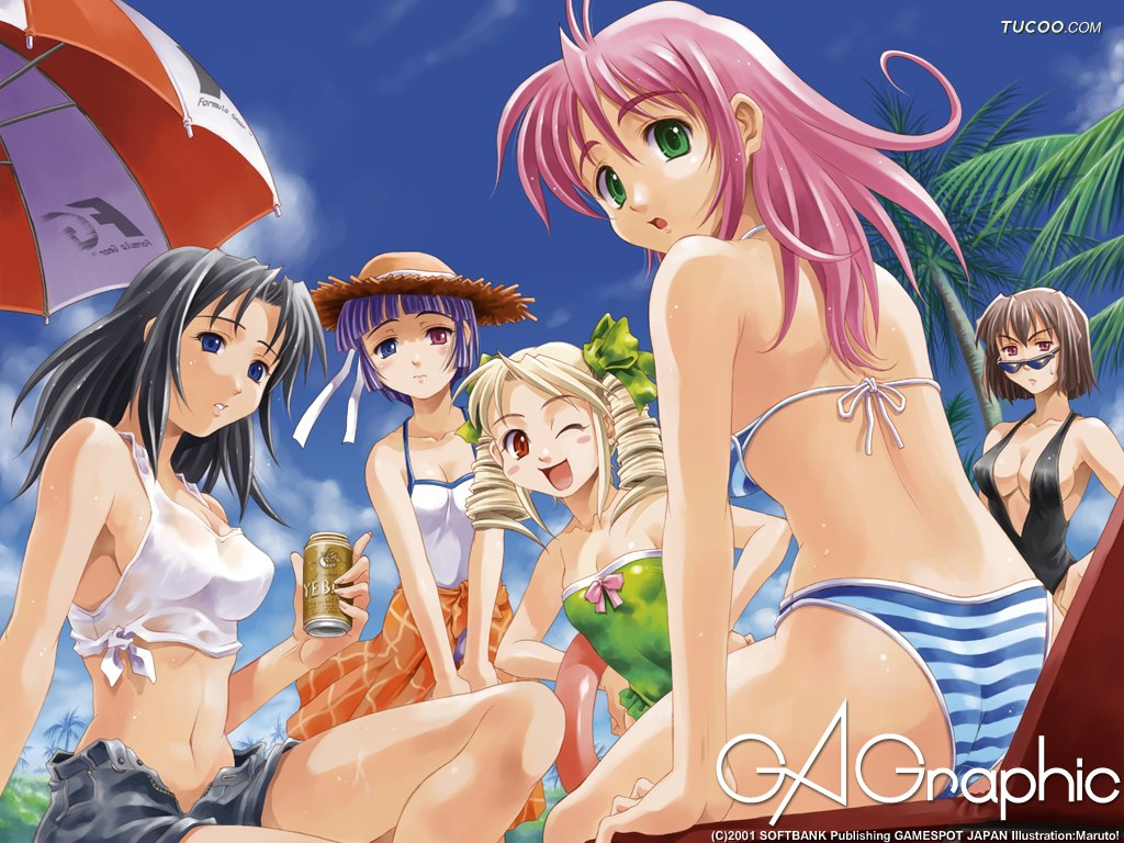 maruto!, gagraphic, 4girls, alcohol, beach, beer, bikini, black hair, blonde hair, blue eyes, bow, breasts, brown hair, camisole, day, drill hair, flat chest, green eyes, hair ribbon, hat, heterochromia, innertube, looking back, medium breasts, midriff, multiple girls, one eye closed, open fly, open mouth, outdoors, parasol, pink hair, purple eyes, purple hair, red eyes, ribbon, sarong, see-through clothes, short hair, shorts, sideboob, sitting, sky, straw hat, striped bikini, striped clothes, sweatdrop, swim ring, swimsuit, umbrella, unzipped, watermark, wink