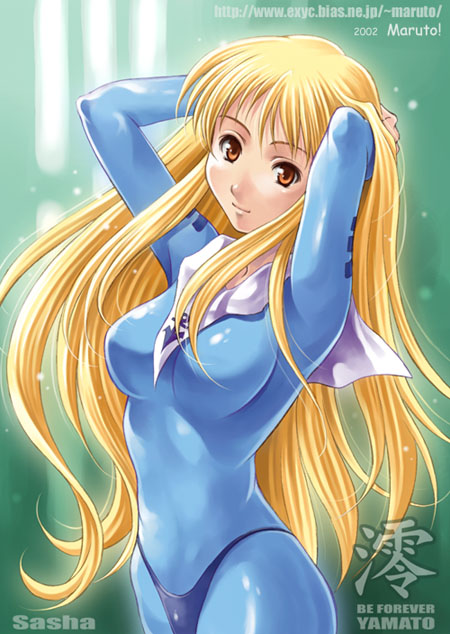 maruto!, kodai sasha, uchuu senkan yamato, 1970s (style), 1girl, 2002, arms up, artist name, blonde hair, blue bodysuit, bodysuit, breasts, brown eyes, character name, cowboy shot, female focus, long hair, medium breasts, oldschool, orange eyes, retro artstyle, skin tight, smile, solo, upper body, watermark, web address