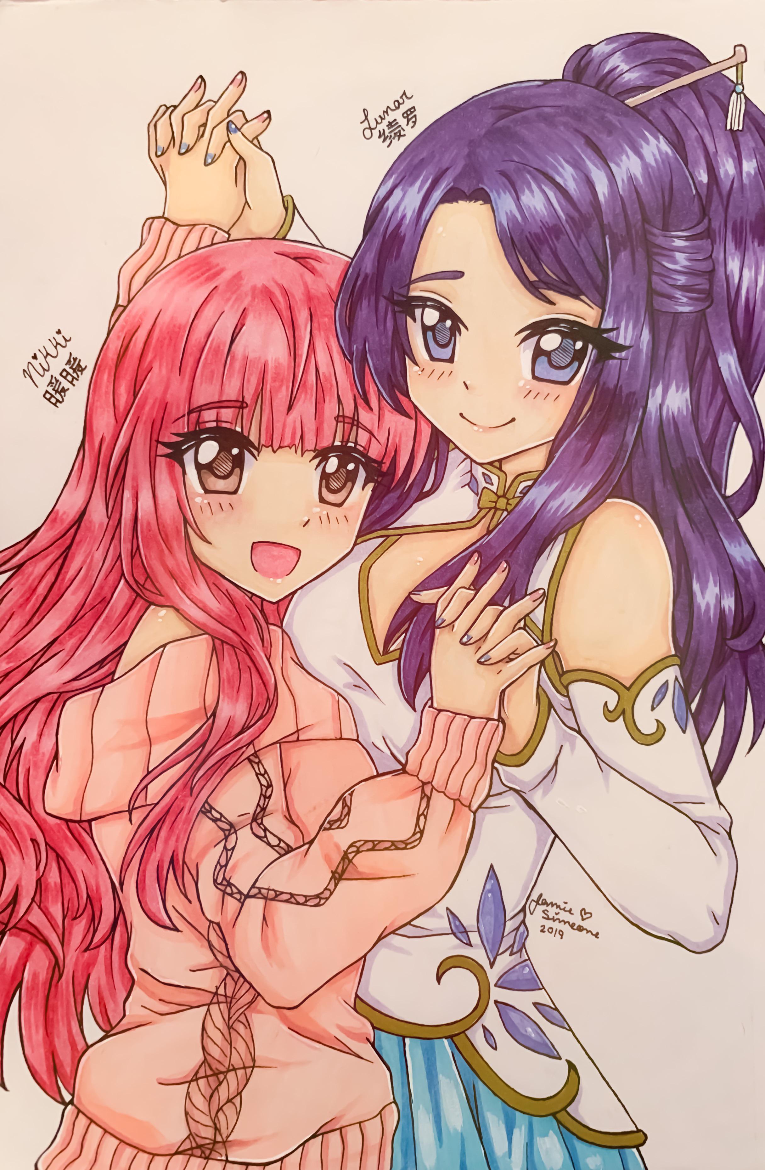 nikki (nikki), miracle nikki, nikki (series), absurdres, commentary, english commentary, highres, traditional media, 2019, 2girls, bare shoulders, bilingual text, blue eyes, blue nails, blue pupils, breasts, brown eyes, brown pupils, character name, china dress, chinese clothes, chinese hairpin, chinese text, cleavage, cleavage cutout, closed mouth, clothing cutout, collared dress, cowboy shot, dot nose, dress, eyelashes, eyes visible through hair, fingernails, happy, head on another's chest, height difference, high collar, high ponytail, holding hands, interlocked fingers, large breasts, light blush, lips, long hair, long sleeves, looking at viewer, loose hair strand, lunar (miracle nikki), mixed-language text, multiple girls, nail polish, off-shoulder sweater, off shoulder, open mouth, orange sweater, pink hair, ponytail, puffy long sleeves, puffy sleeves, purple hair, sidelocks, signature, sleeveless, sleeveless dress, sleeves past wrists, smile, standing, sweater, tareme, tsurime, very long hair, wavy hair, white arm warmers, winter miracle (miracle nikki), yamisaan