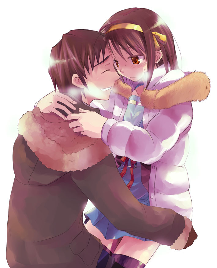 anagura mogura, kyon, suzumiya haruhi, suzumiya haruhi no yuuutsu, 00s, 1boy, 1girl, black thighhighs, blue skirt, breath, brown eyes, brown hair, closed eyes, hairband, hetero, hug, long sleeves, short hair, simple background, skirt, thighhighs, white background, winter clothes, zettai ryouiki