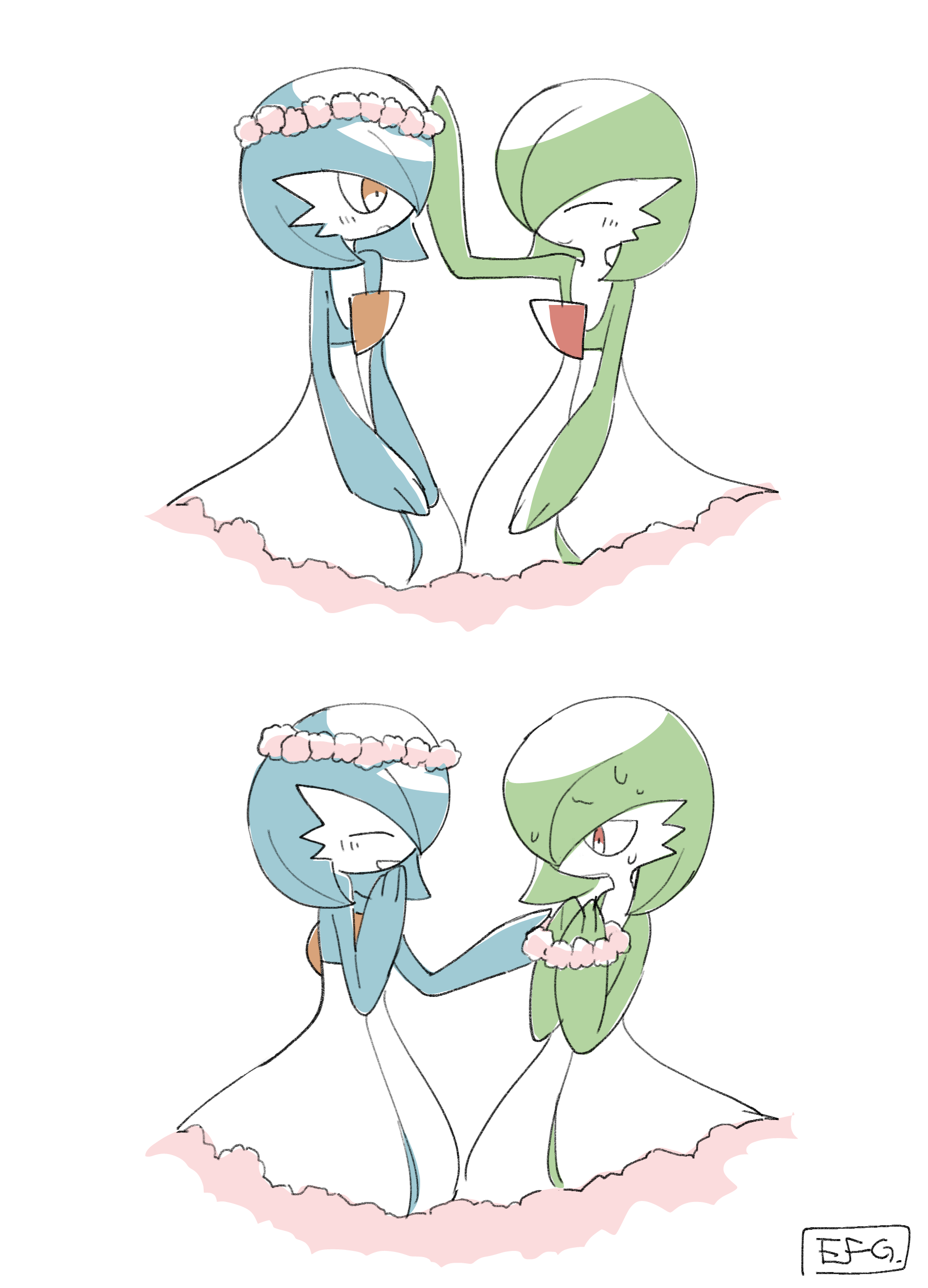 hime takeo, gardevoir, nintendo, pokemon, absurdres, highres, alternate color, artist name, blue hair, blue skin, colored skin, dress, flower wreath, gen 3 pokemon, green hair, green skin, multicolored skin, pokemon (creature), shiny pokemon, signature, simple background, two-tone skin, white background, white dress, white skin