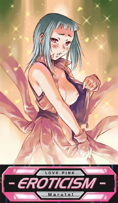 maruto!, miyu greer, my-hime, 00s, blue hair, blush, breasts, fingerless gloves, gloves, large breasts, nipples, no bra, open clothes, open shirt, pink eyes, red eyes, shirt, short hair, solo, undressing