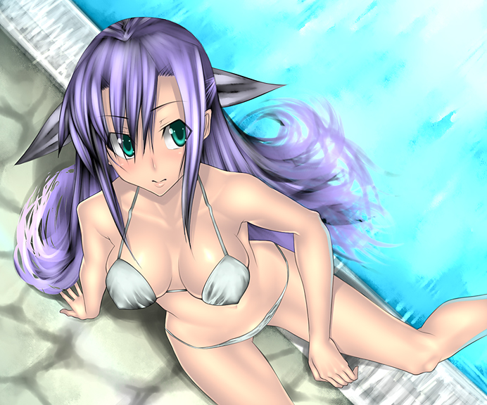 tobimaru, ginga nakajima, lyrical nanoha, mahou shoujo lyrical nanoha, mahou shoujo lyrical nanoha strikers, 00s, 1girl, :>, aqua eyes, bikini, breasts, breasts apart, covered erect nipples, female focus, from above, long hair, pool, poolside, purple hair, sitting, soaking feet, solo, swimsuit, white bikini