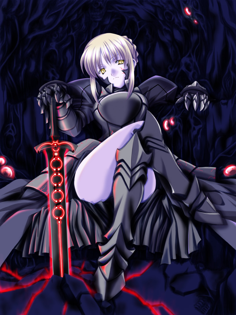 sakuragi hiroyuki, artoria pendragon (fate), saber (fate), saber alter, saber alter (second ascension), fate/stay night, fate (series), 00s, 1girl, armor, armored dress, blue skin, colored skin, crossed legs, dress, excalibur morgan (fate), female focus, sitting, solo, sword, weapon