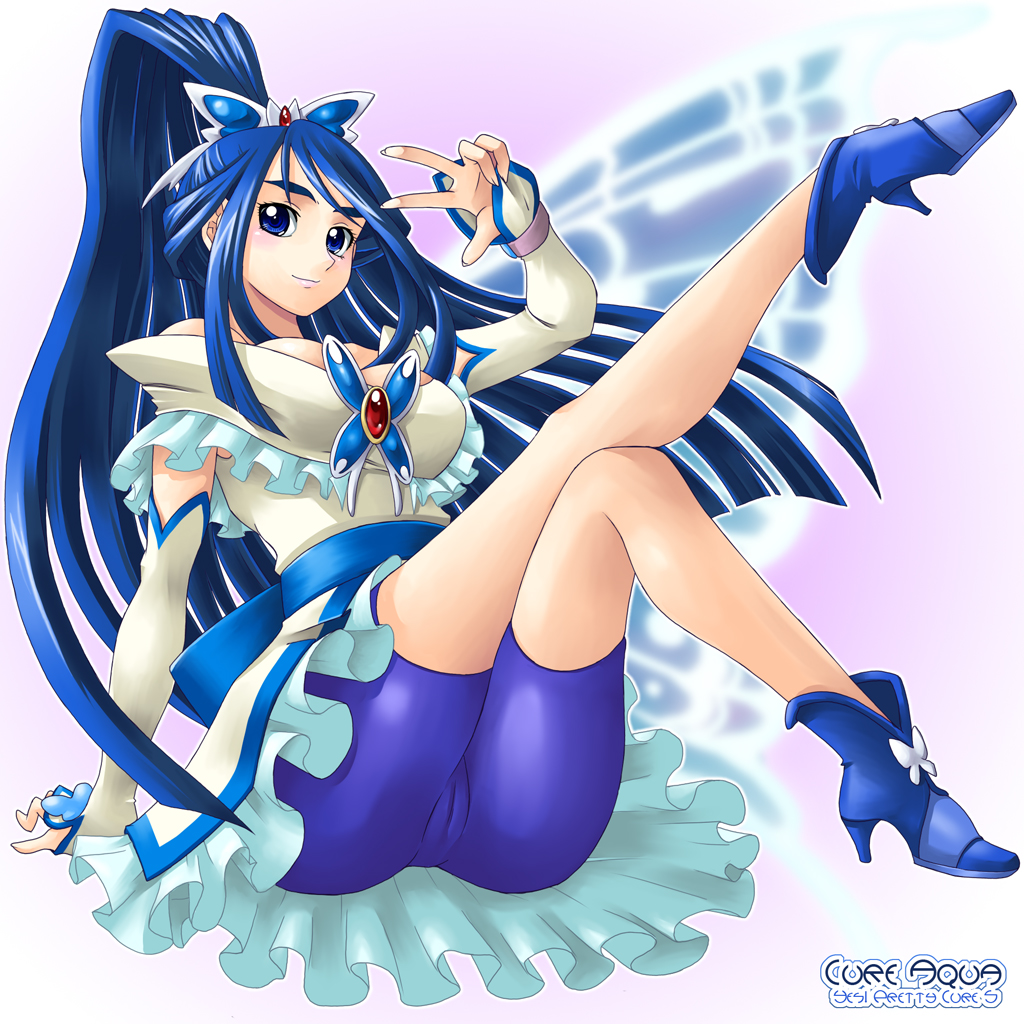 yaso shigeru, cure aqua, minazuki karen, precure, yes! precure 5, 00s, 1girl, blue eyes, blue hair, blue shorts, boots, butterfly hair ornament, cameltoe, character name, copyright name, crossed legs, elbow gloves, female focus, gloves, hair ornament, long hair, magical girl, matching hair/eyes, shorts, shorts under skirt, sitting, solo, wide ponytail