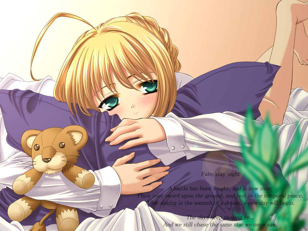 yoshida inuhito, artoria pendragon (fate), saber (fate), fate/stay night, fate (series), 00s, 1girl, barefoot, bed, blonde hair, blouse, female focus, green eyes, indoors, pillow, plant, sad, shirt, solo, stuffed animal, stuffed lion, stuffed toy