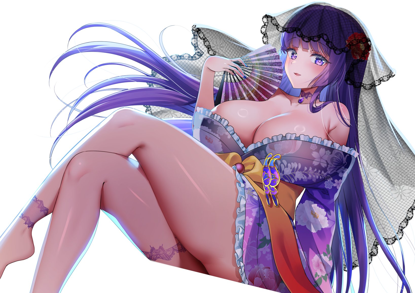 hanasaki mahiru, original, commentary request, commission, highres, skeb commission, 1girl, bare shoulders, blush, breasts, cleavage, crossed legs, floral print, floral print kimono, folding fan, hand fan, holding, holding fan, japanese clothes, kimono, large breasts, long hair, looking at viewer, obi, parted lips, print kimono, purple eyes, purple hair, purple kimono, sash, see-through clothes, see-through veil, simple background, sitting, solo, veil, white background, yellow sash