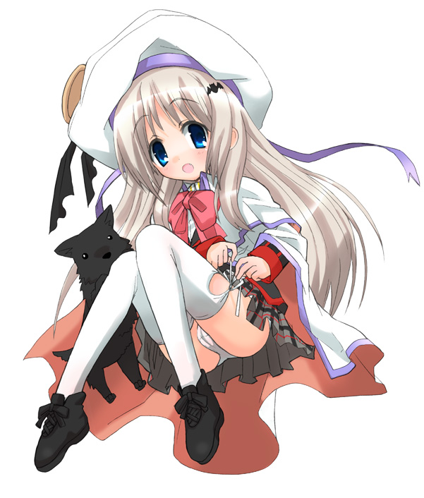 hizuki yayoi, noumi kudryavka, little busters!, silver hair, 1girl, beret, blonde hair, blue eyes, bow, cape, dog, female focus, hat, long hair, miniskirt, panties, pink bow, plaid clothes, plaid skirt, skirt, solo, thighhighs, underwear