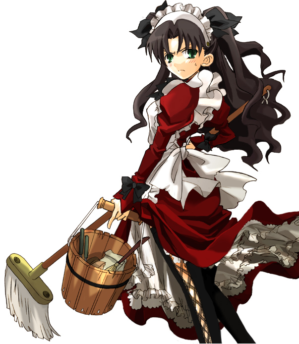 hizuki yayoi, tohsaka rin, fate/stay night, fate (series), 00s, 1girl, alternate costume, black hair, broom, bucket, enmaided, female focus, green eyes, long hair, looking at viewer, maid, mop, official alternate costume, ribbon, solo, twintails, two side up