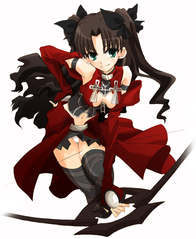 hizuki yayoi, archer (fate), tohsaka rin, fate/stay night, fate (series), 1girl, archer (fate) (cosplay), bare shoulders, black hair, black thighhighs, bow, bow (weapon), breasts, cleavage, cosplay, female focus, green eyes, long hair, medium breasts, midriff, panties, ribbon, sideboob, solo, thighhighs, thighs, twintails, two side up, underwear, weapon