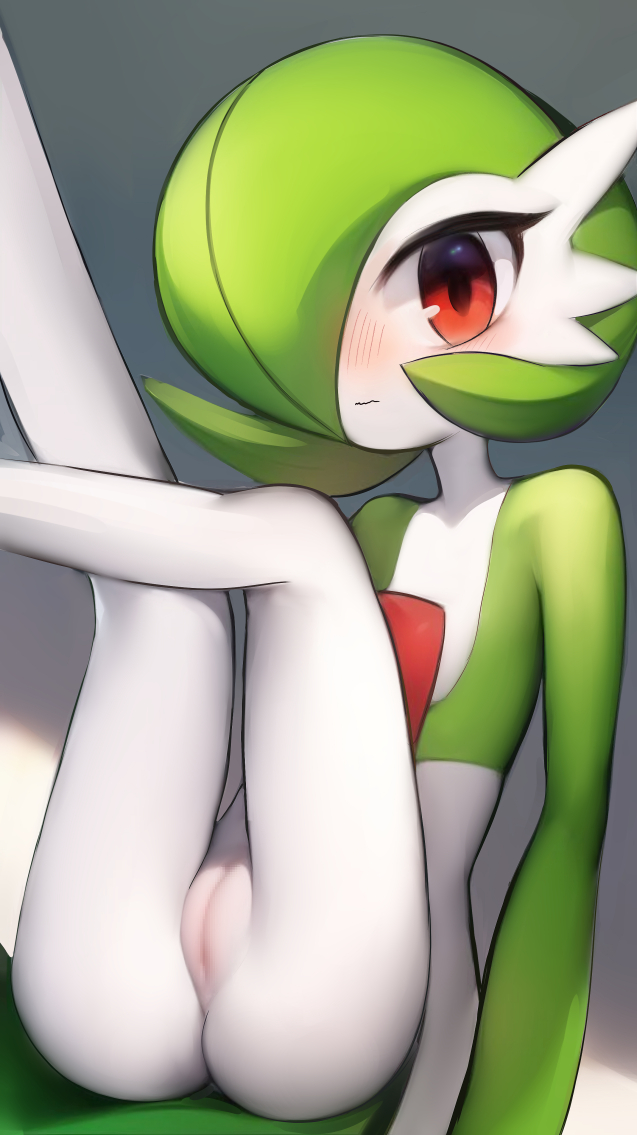 kekekejima, gardevoir, nintendo, pokemon, 1girl, blush, bob cut, cleft of venus, colored skin, dress, gen 3 pokemon, green hair, green skin, hair over one eye, leg up, looking at viewer, multicolored skin, pokemon (creature), pussy, red eyes, sitting, two-tone skin, white dress, white skin