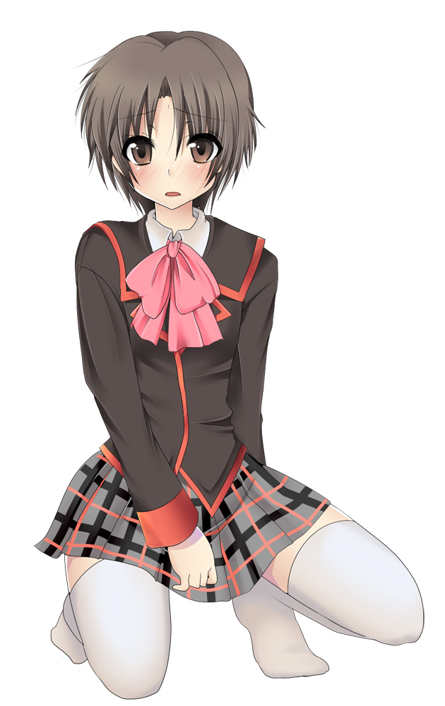 masayu, naoe riki, little busters!, 1boy, blush, bob cut, bow, brown eyes, brown hair, crossdressing, crossdressing (mtf), full body, kneeling, male focus, on one knee, pink bow, plaid clothes, plaid skirt, school uniform, serafuku, short hair, simple background, skirt, solo, spread legs, squatting, thighhighs, trap, white background, white thighhighs, zettai ryouiki