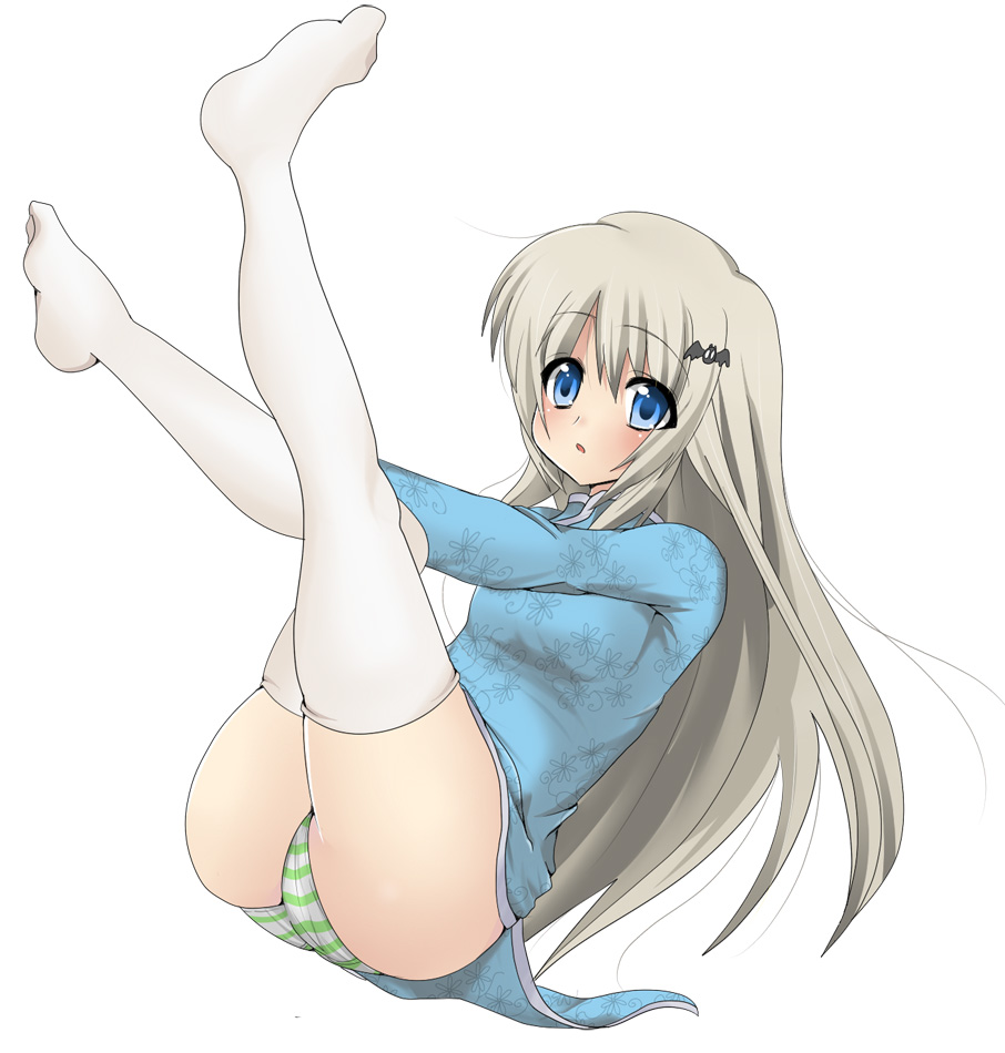 masayu, noumi kudryavka, little busters!, silver hair, 1girl, bad anatomy, bad feet, blue eyes, china dress, chinese clothes, dress, feet, female focus, legs up, long hair, panties, poorly drawn, solo, striped clothes, striped panties, thighhighs, underwear