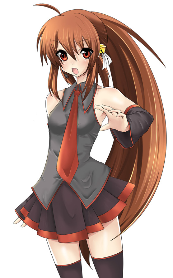 masayu, natsume rin, little busters!, vocaloid, bare shoulders, brown hair, detached sleeves, long hair, miniskirt, necktie, parody, red eyes, skirt, solo, thighhighs, zettai ryouiki