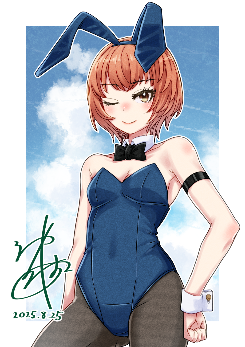 ume umeo, original, commentary request, highres, 1girl, animal ear hairband, animal ears, armband, black armband, black bow, black bowtie, blue leotard, blue sky, bow, bowtie, breasts, brown eyes, brown hair, cloud, cowboy shot, dated, detached collar, fake animal ears, grey pantyhose, hairband, hand on own hip, leotard, medium breasts, pantyhose, playboy bunny, rabbit ears, short hair, signature, sky, smile, solo, strapless, strapless leotard, wrist cuffs