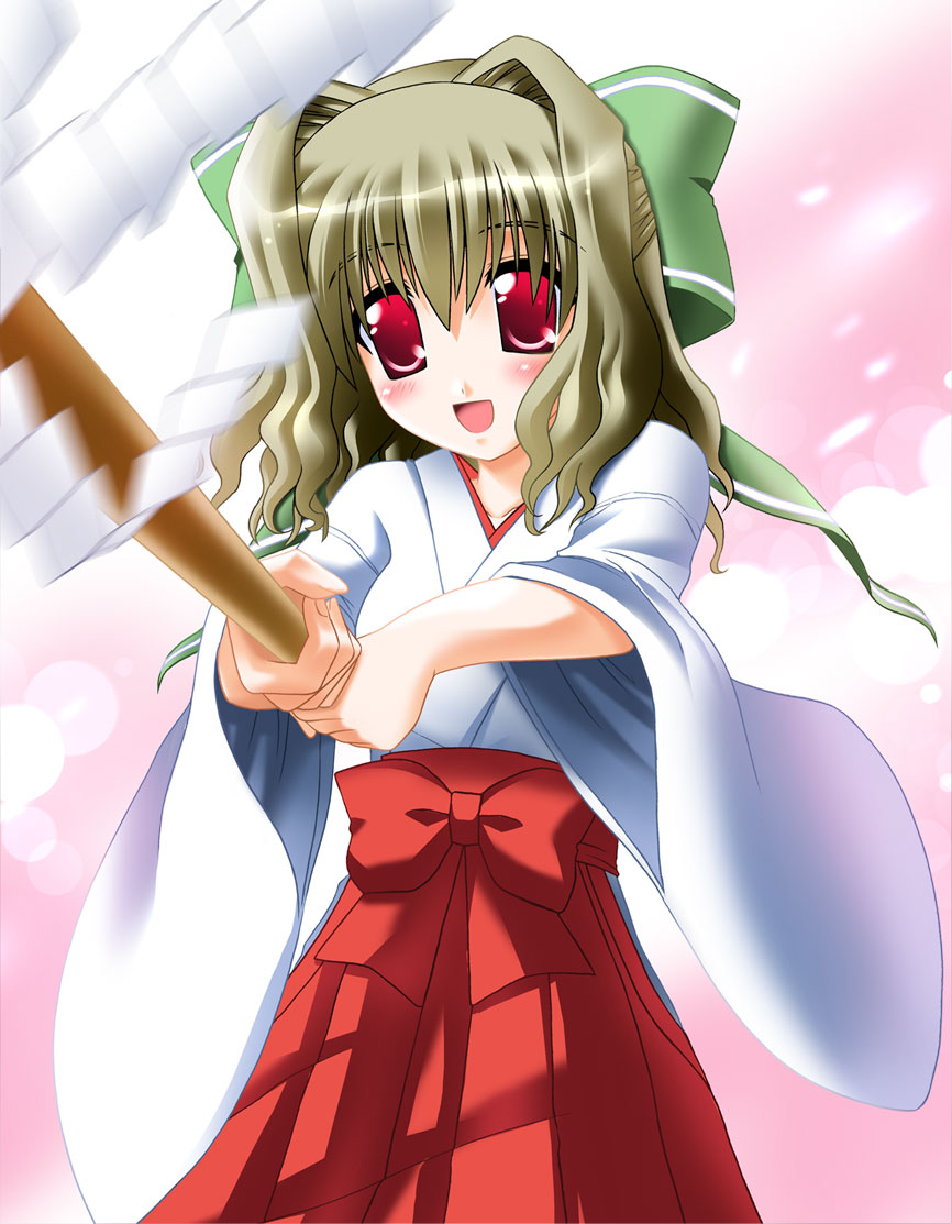 otoki raku, aisia, da capo, da capo i, 00s, 1girl, female focus, gohei, hakama, hakama skirt, japanese clothes, miko, open mouth, red eyes, red hakama, ribbon, skirt, smile, solo